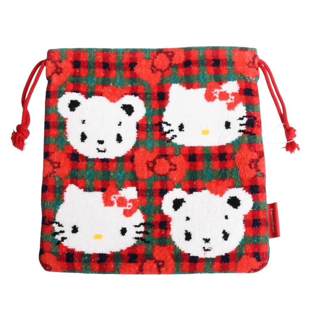 新品未使用 familiar ファミリア × HELLO KITTY ハローキティ 巾着 770347 XF チェック柄 レッド グリーン ホワイト 中古 4a007369