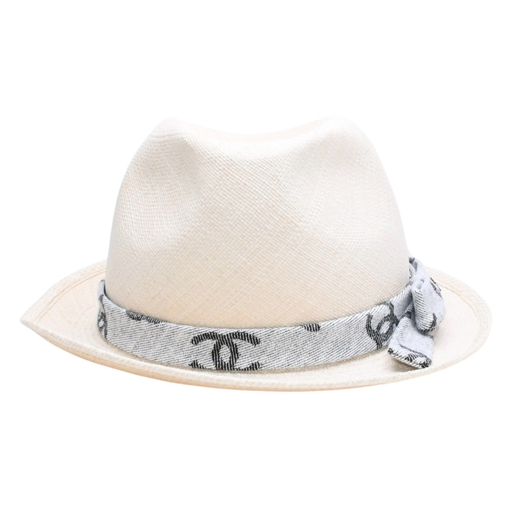 極美品 CHANEL シャネル ココマークリボンストローハット CC フェドラ 22S ストロー コットン ベージュ グレー ブラック サイズM 中古 4a008764