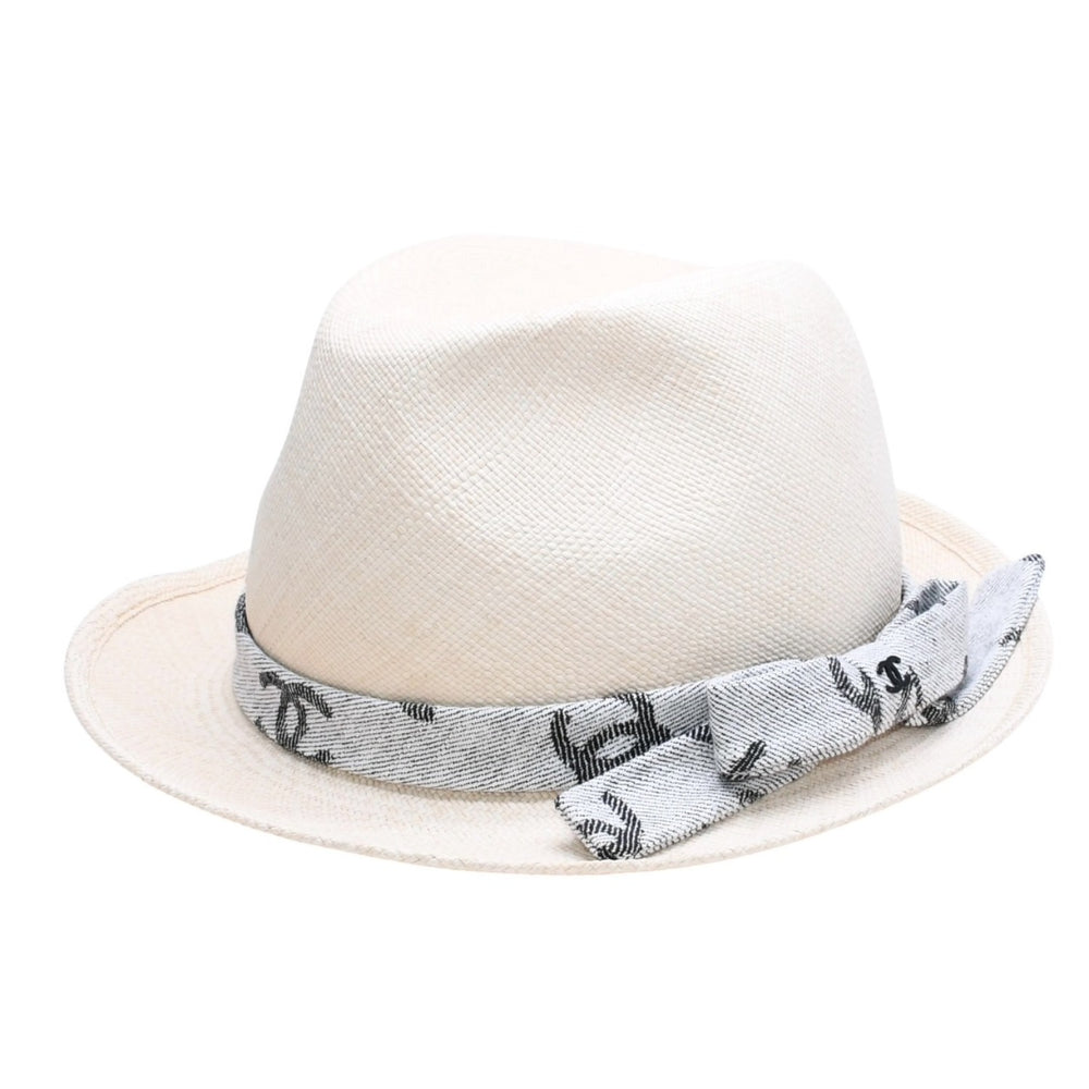 極美品 CHANEL シャネル ココマークリボンストローハット CC フェドラ 22S ストロー コットン ベージュ グレー ブラック サイズM 中古 4a008764