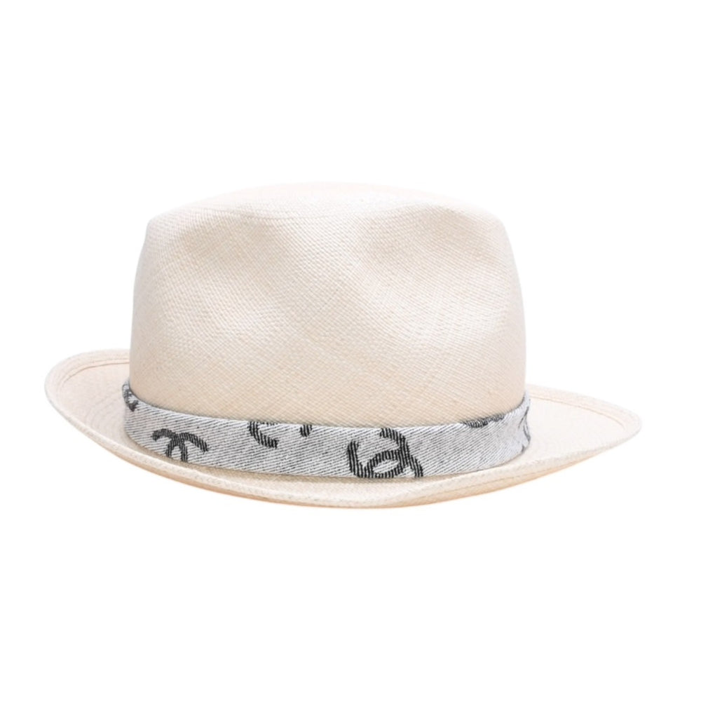 極美品 CHANEL シャネル ココマークリボンストローハット CC フェドラ 22S ストロー コットン ベージュ グレー ブラック サイズM 中古 4a008764