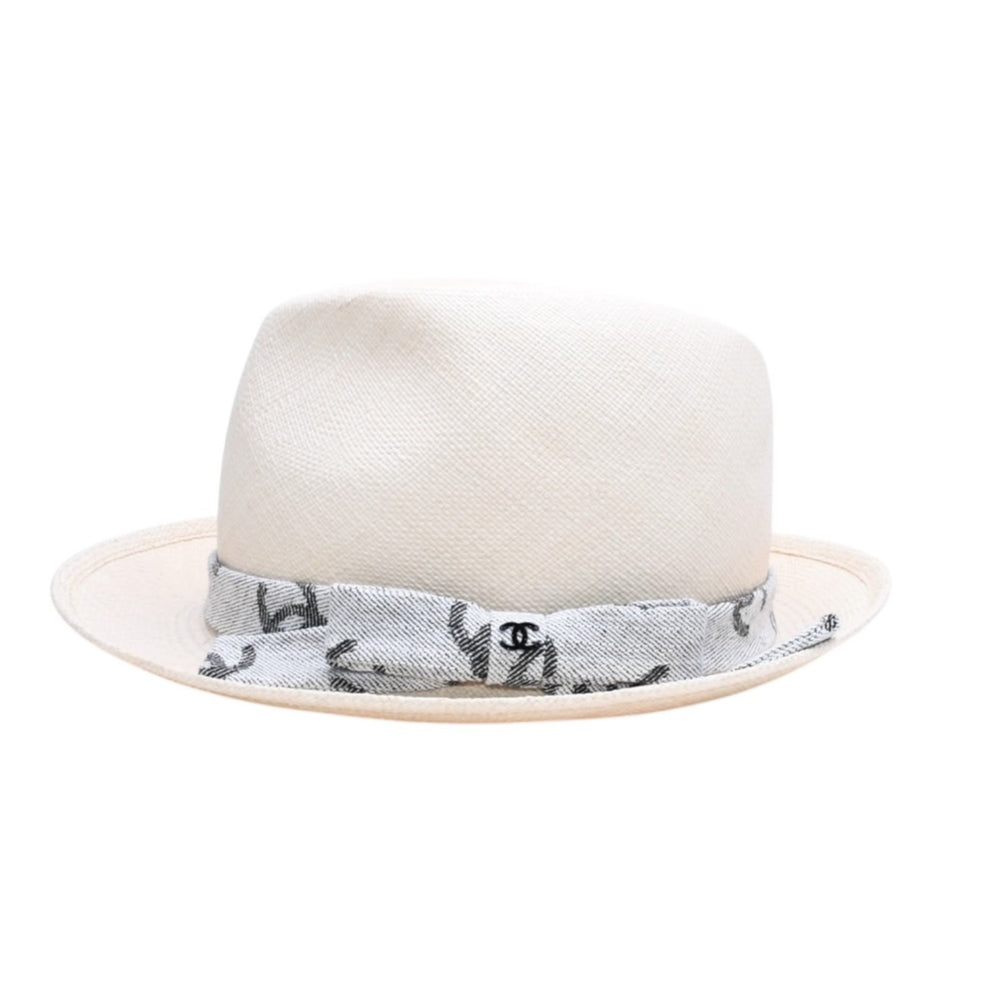 Very Good Condition CHANEL Coco Mark Ribbon Straw Hat CC Fedora 22S Straw Cotton Beige Gray Black Size M Used 4a008764