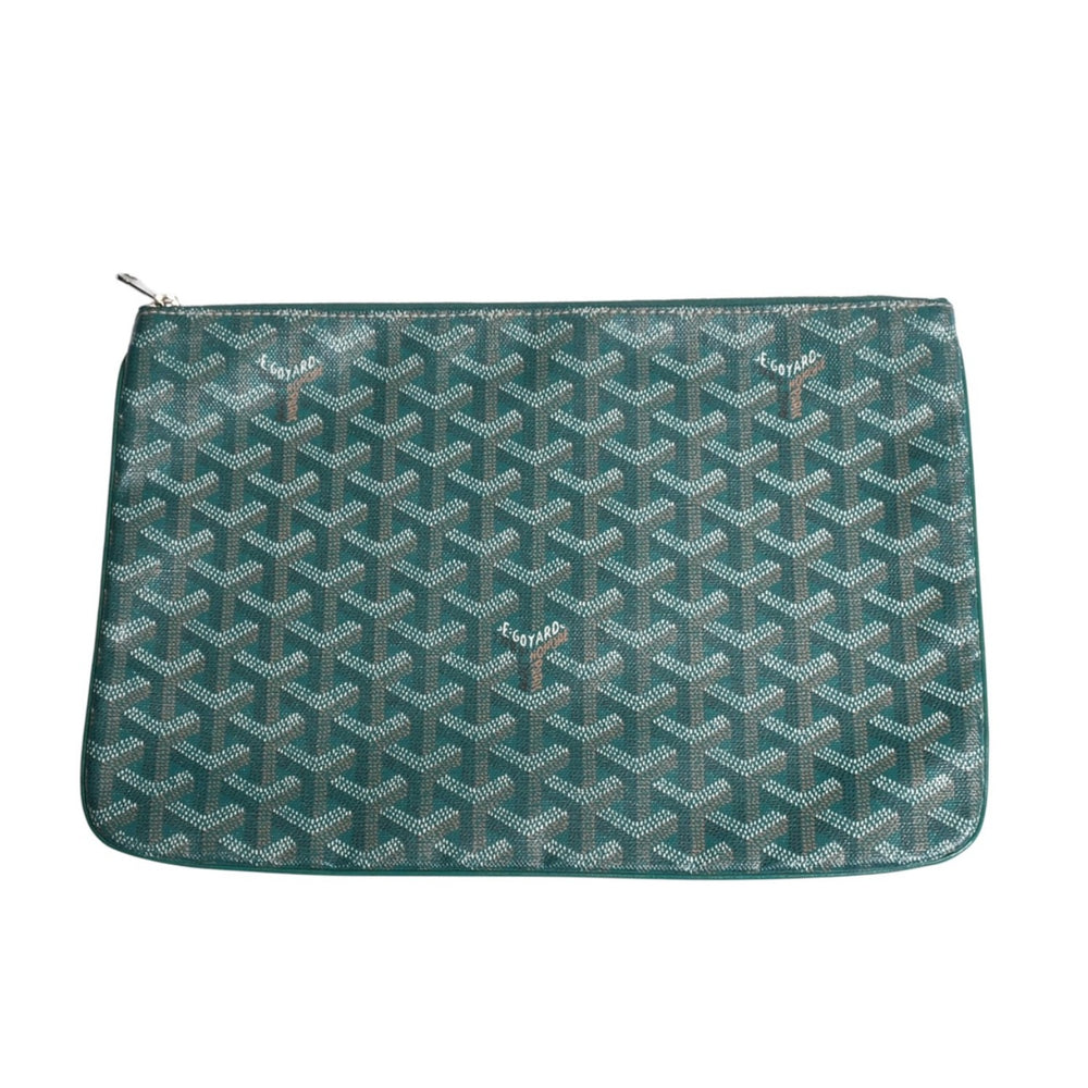 極美品 GOYARD ゴヤール セナMM クラッチバッグ ハンドバッグ トップファスナー グリーン PVC レザー シルバー金具 中古 4a008901