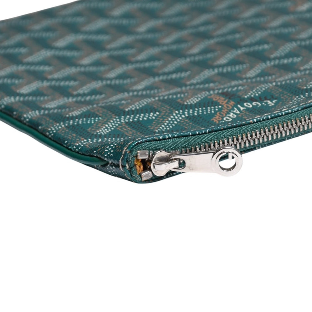 Very good condition GOYARD Sena MM clutch bag handbag top zipper green PVC leather silver metal fittings used 4a008901