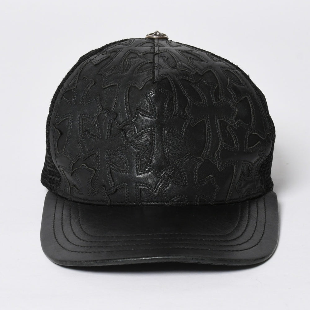 極美品 CHROME HEARTS クロムハーツ フルセメタリークロス トラッカーキャップ レザー シルバー925 ブラック シルバー金具 中古 4a008893