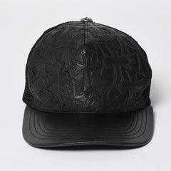 極美品 CHROME HEARTS クロムハーツ フルセメタリークロス トラッカーキャップ レザー シルバー925 ブラック シルバー金具 中古 4a008893