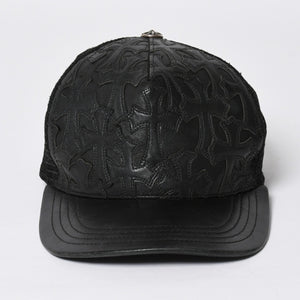 極美品 CHROME HEARTS クロムハーツ フルセメタリークロス トラッカーキャップ レザー シルバー925 ブラック シルバー金具 中古 4a008893