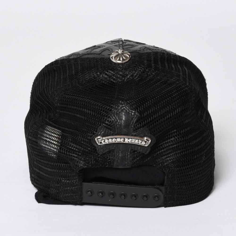 極美品 CHROME HEARTS クロムハーツ フルセメタリークロス トラッカーキャップ レザー シルバー925 ブラック シルバー金具 中古 4a008893