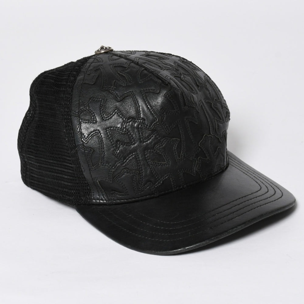 極美品 CHROME HEARTS クロムハーツ フルセメタリークロス トラッカーキャップ レザー シルバー925 ブラック シルバー金具 中古 4a008893