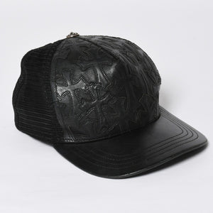 極美品 CHROME HEARTS クロムハーツ フルセメタリークロス トラッカーキャップ レザー シルバー925 ブラック シルバー金具 中古 4a008893