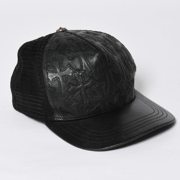 極美品 CHROME HEARTS クロムハーツ フルセメタリークロス トラッカーキャップ レザー シルバー925 ブラック シルバー金具 中古 4a008893