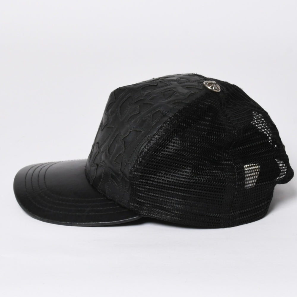 極美品 CHROME HEARTS クロムハーツ フルセメタリークロス トラッカーキャップ レザー シルバー925 ブラック シルバー金具 中古 4a008893