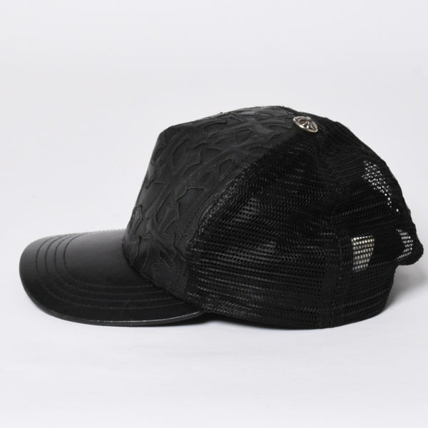 極美品 CHROME HEARTS クロムハーツ フルセメタリークロス トラッカーキャップ レザー シルバー925 ブラック シルバー金具 中古 4a008893