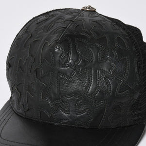 極美品 CHROME HEARTS クロムハーツ フルセメタリークロス トラッカーキャップ レザー シルバー925 ブラック シルバー金具 中古 4a008893