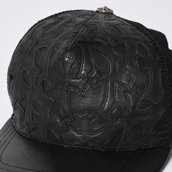 極美品 CHROME HEARTS クロムハーツ フルセメタリークロス トラッカーキャップ レザー シルバー925 ブラック シルバー金具 中古 4a008893