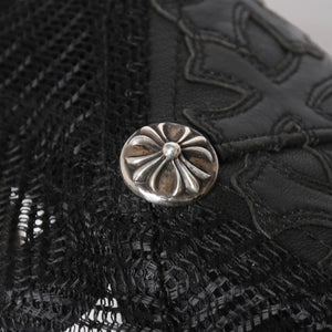 極美品 CHROME HEARTS クロムハーツ フルセメタリークロス トラッカーキャップ レザー シルバー925 ブラック シルバー金具 中古 4a008893