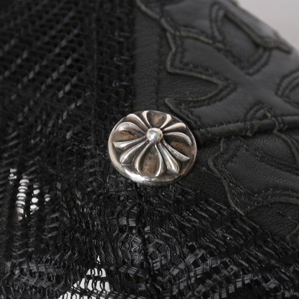 極美品 CHROME HEARTS クロムハーツ フルセメタリークロス トラッカーキャップ レザー シルバー925 ブラック シルバー金具 中古 4a008893