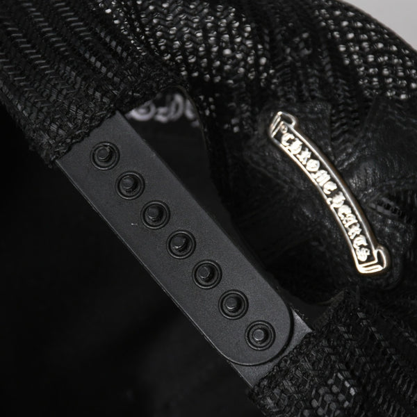極美品 CHROME HEARTS クロムハーツ フルセメタリークロス トラッカーキャップ レザー シルバー925 ブラック シルバー金具 中古 4a008893