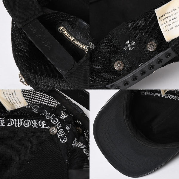 極美品 CHROME HEARTS クロムハーツ フルセメタリークロス トラッカーキャップ レザー シルバー925 ブラック シルバー金具 中古 4a008893