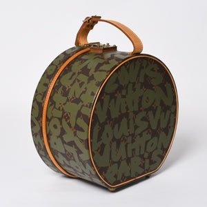 極美品 LOUIS VUITTON ルイヴィトン 帽子ケース モノグラム・グラフィティ ボワット・シャポー ブラウン カーキ ゴールド金具 激レア 中古 4a008592