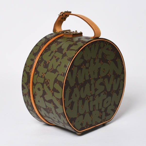 極美品 LOUIS VUITTON ルイヴィトン 帽子ケース モノグラム・グラフィティ ボワット・シャポー ブラウン カーキ ゴールド金具 激レア 中古 4a008592