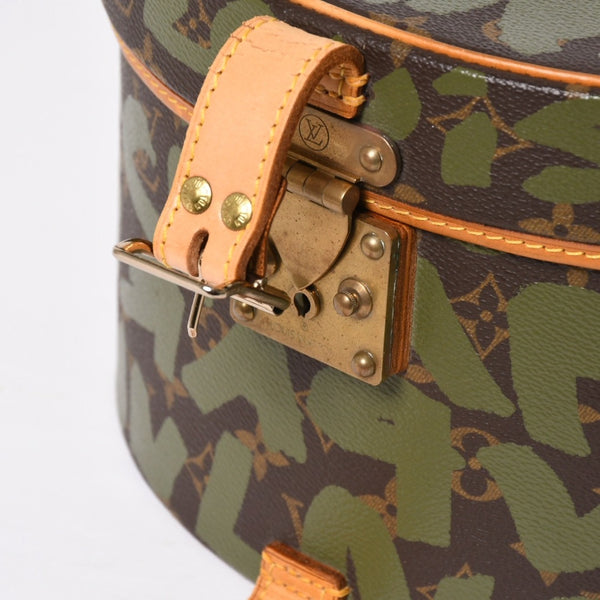 極美品 LOUIS VUITTON ルイヴィトン 帽子ケース モノグラム・グラフィティ ボワット・シャポー ブラウン カーキ ゴールド金具 激レア 中古 4a008592