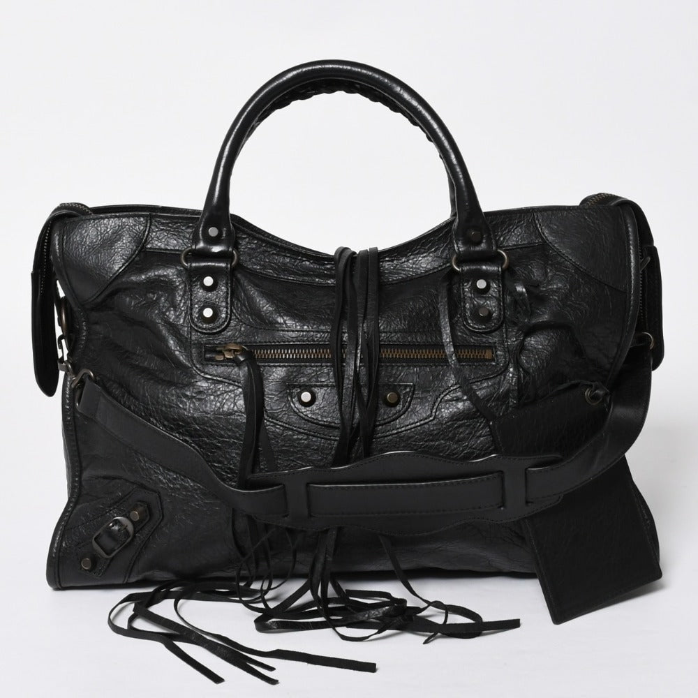 Very Good Condition BALENCIAGA Balenciaga The City 2WAY Handbag 115748 Black Lambskin Shoulder Bag Bronze Hardware 4a009043