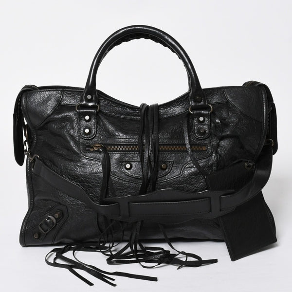 Very Good Condition BALENCIAGA Balenciaga The City 2WAY Handbag 115748 Black Lambskin Shoulder Bag Bronze Hardware 4a009043