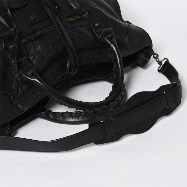 Very Good Condition BALENCIAGA Balenciaga The City 2WAY Handbag 115748 Black Lambskin Shoulder Bag Bronze Hardware 4a009043