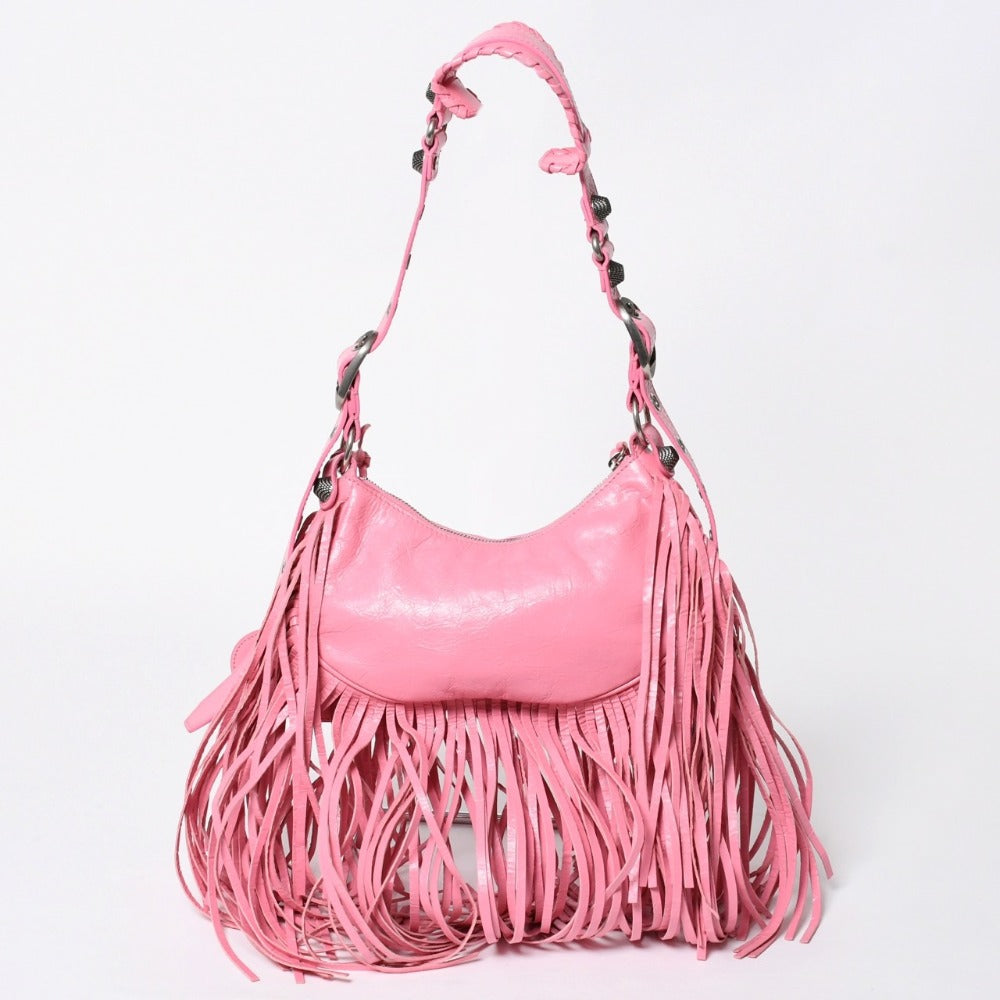 Very Good Condition BALENCIAGA Le Cargole Le Cargole Shoulder Bag Fringe Pink 671309 Silver Hardware Used 4a009030
