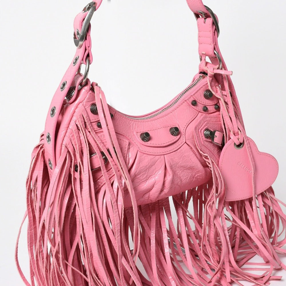 Very Good Condition BALENCIAGA Le Cargole Le Cargole Shoulder Bag Fringe Pink 671309 Silver Hardware Used 4a009030