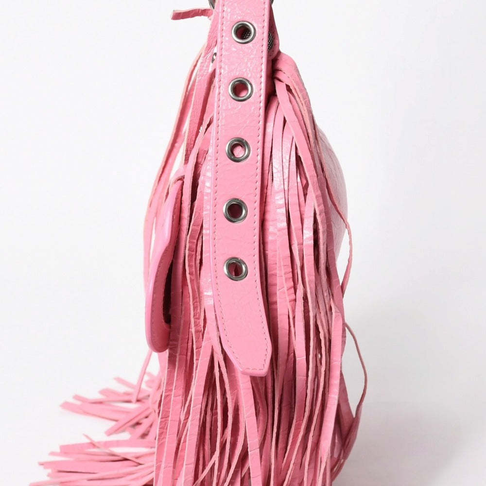 Very Good Condition BALENCIAGA Le Cargole Le Cargole Shoulder Bag Fringe Pink 671309 Silver Hardware Used 4a009030