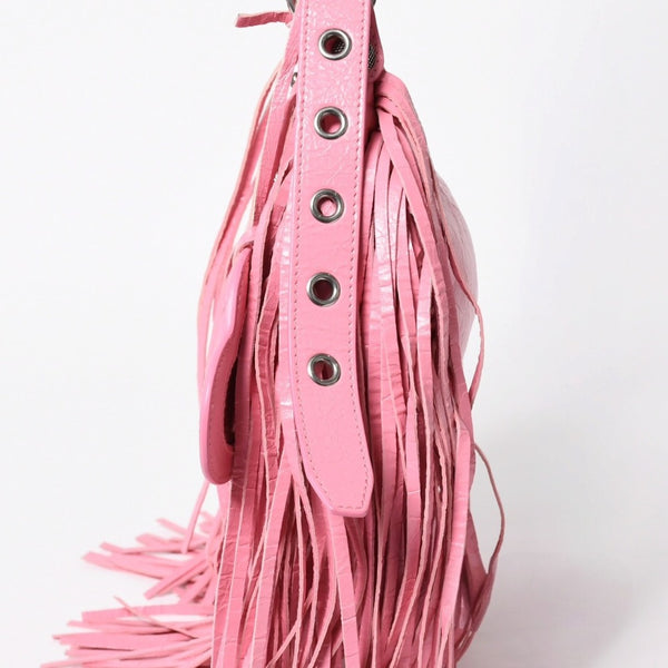 Very Good Condition BALENCIAGA Le Cargole Le Cargole Shoulder Bag Fringe Pink 671309 Silver Hardware Used 4a009030