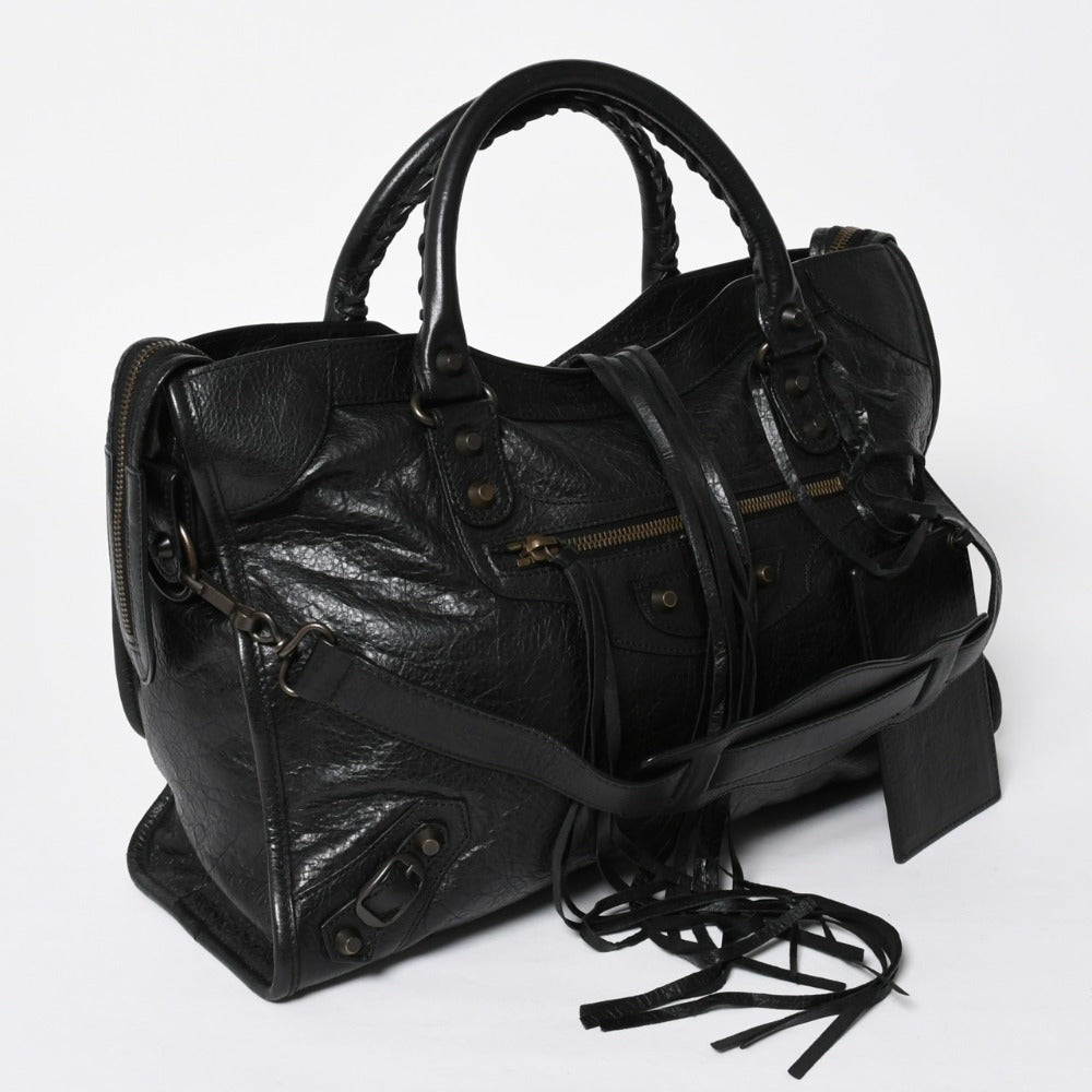 Very Good Condition BALENCIAGA Balenciaga The City 2WAY Handbag 115748 Black Lambskin Shoulder Bag Bronze Hardware 4a009043