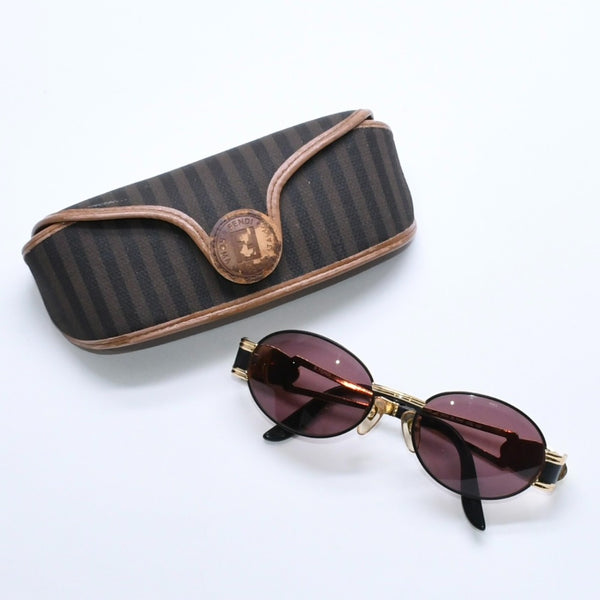 極美品 FENDI フェンディ FFロゴ サングラス メガネ SL 7040 イタリア製 メタル ゴールド ブラック 中古 4a008503