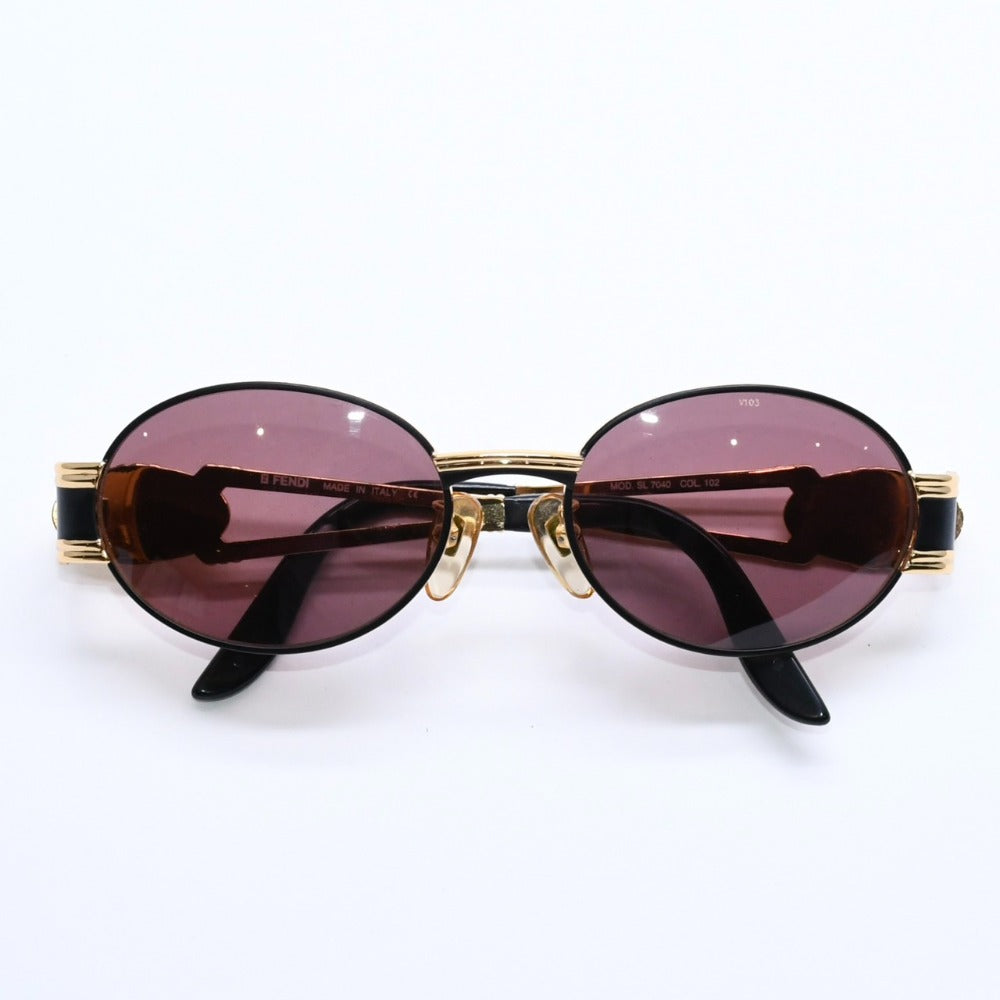 極美品 FENDI フェンディ FFロゴ サングラス メガネ SL 7040 イタリア製 メタル ゴールド ブラック 中古 4a008503