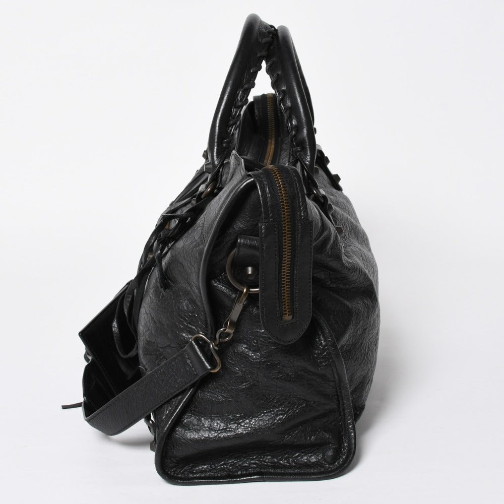 Very Good Condition BALENCIAGA Balenciaga The City 2WAY Handbag 115748 Black Lambskin Shoulder Bag Bronze Hardware 4a009043