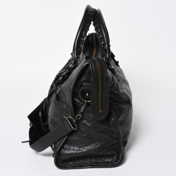Very Good Condition BALENCIAGA Balenciaga The City 2WAY Handbag 115748 Black Lambskin Shoulder Bag Bronze Hardware 4a009043
