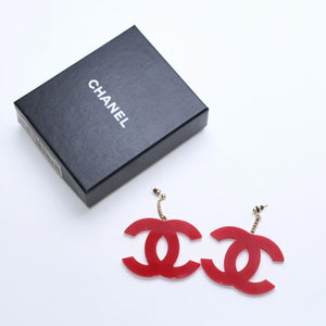 CHANEL Coco Mark Earrings Both Ears Jumbo CC Vintage 01A Engraved Plastic Metal Red Gold Hardware Good Condition Used 4a008607