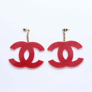 CHANEL Coco Mark Earrings Both Ears Jumbo CC Vintage 01A Engraved Plastic Metal Red Gold Hardware Good Condition Used 4a008607