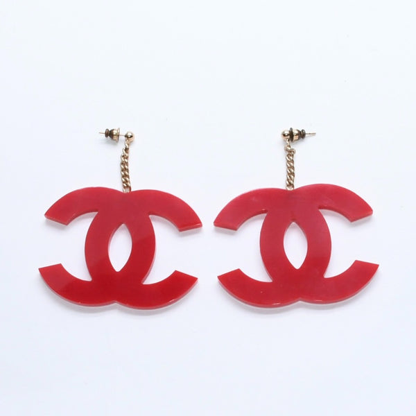 CHANEL Coco Mark Earrings Both Ears Jumbo CC Vintage 01A Engraved Plastic Metal Red Gold Hardware Good Condition Used 4a008607