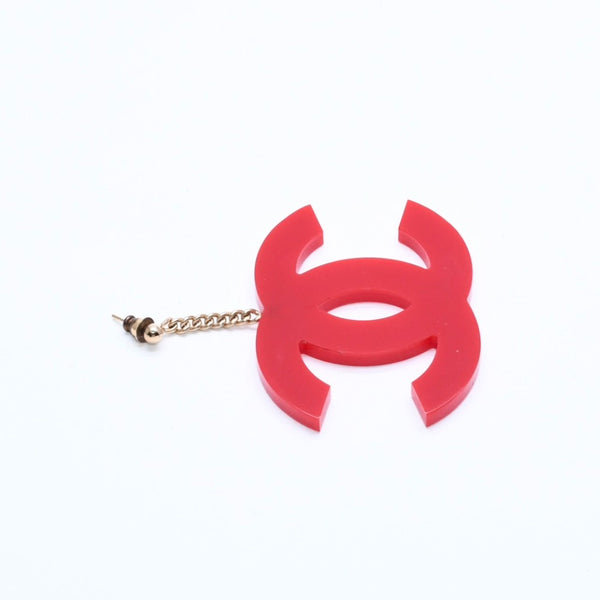 CHANEL Coco Mark Earrings Both Ears Jumbo CC Vintage 01A Engraved Plastic Metal Red Gold Hardware Good Condition Used 4a008607