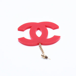 CHANEL Coco Mark Earrings Both Ears Jumbo CC Vintage 01A Engraved Plastic Metal Red Gold Hardware Good Condition Used 4a008607