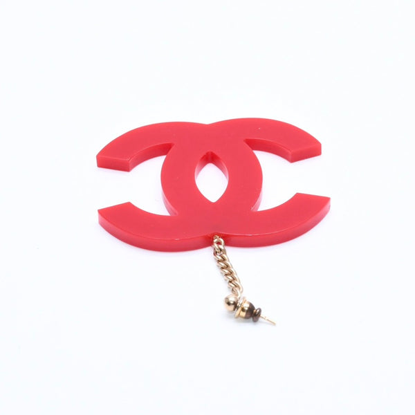CHANEL Coco Mark Earrings Both Ears Jumbo CC Vintage 01A Engraved Plastic Metal Red Gold Hardware Good Condition Used 4a008607