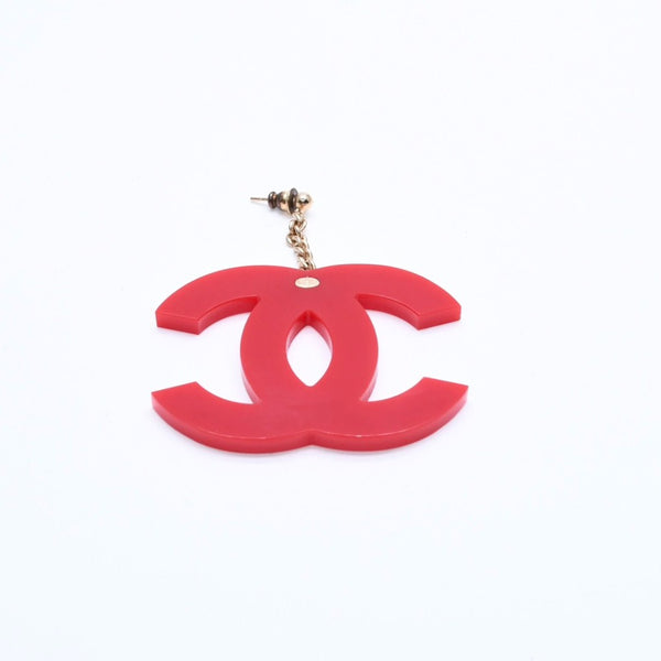CHANEL Coco Mark Earrings Both Ears Jumbo CC Vintage 01A Engraved Plastic Metal Red Gold Hardware Good Condition Used 4a008607