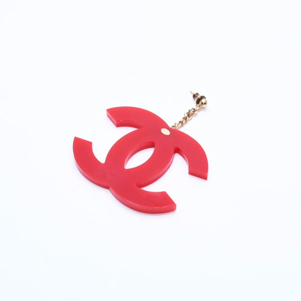 CHANEL Coco Mark Earrings Both Ears Jumbo CC Vintage 01A Engraved Plastic Metal Red Gold Hardware Good Condition Used 4a008607