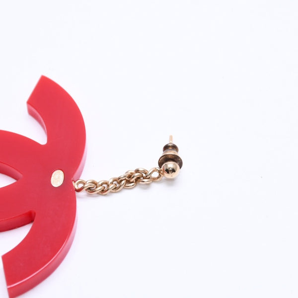 CHANEL Coco Mark Earrings Both Ears Jumbo CC Vintage 01A Engraved Plastic Metal Red Gold Hardware Good Condition Used 4a008607