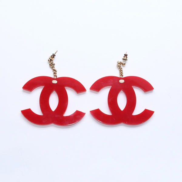 CHANEL Coco Mark Earrings Both Ears Jumbo CC Vintage 01A Engraved Plastic Metal Red Gold Hardware Good Condition Used 4a008607