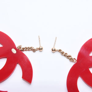 CHANEL Coco Mark Earrings Both Ears Jumbo CC Vintage 01A Engraved Plastic Metal Red Gold Hardware Good Condition Used 4a008607