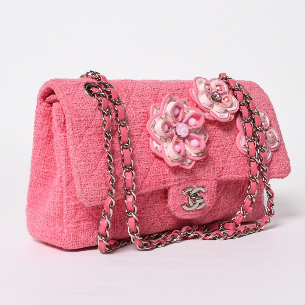 Very good condition CHANEL double flap chain shoulder bag 25 22 series here mark cherry blossom flower tweed pink used 4a009032