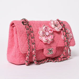 Very good condition CHANEL double flap chain shoulder bag 25 22 series here mark cherry blossom flower tweed pink used 4a009032